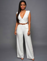High Waist V neck Wide Leg Irregular Asymmetric Suit with Belt Jumpsuit